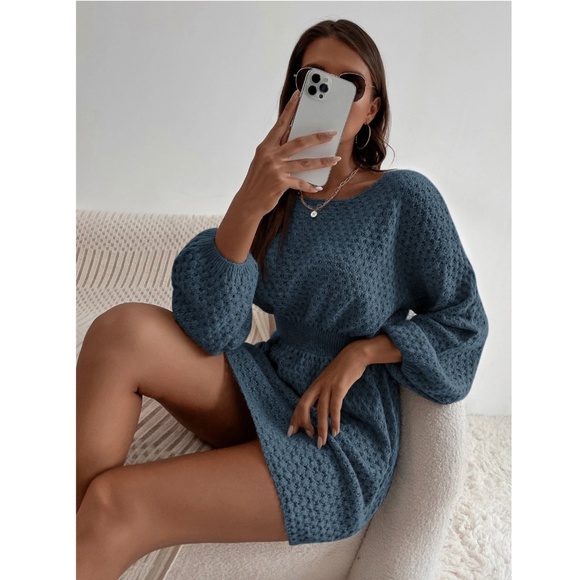 Blue Knit Batwing Long Sleeve Fitted Waist Mini Short Winter Dress - Picture 2 of 9